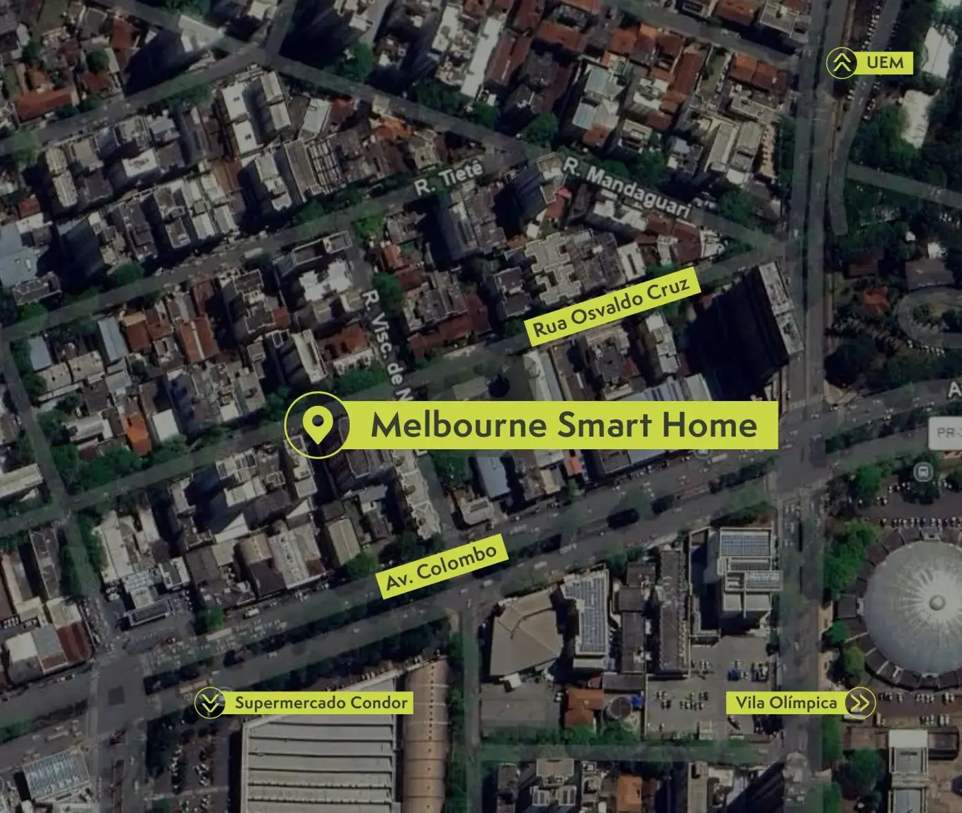 Mapa aéreo com a localização do Melbourne Smart Home entre a UEM, a Avenida Colombo e a Vila Olímpica em Maringá